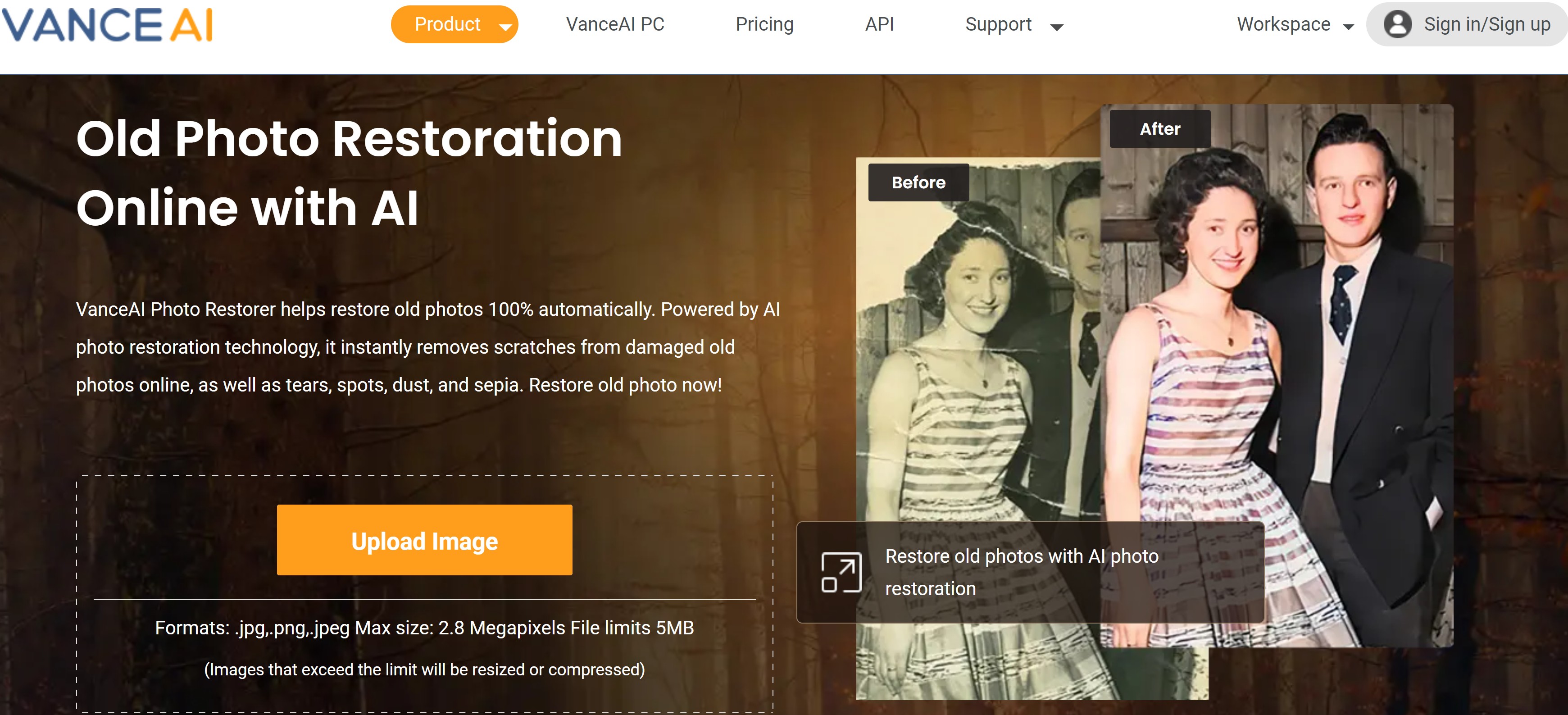 homepage of VanceAI Photo Restorer